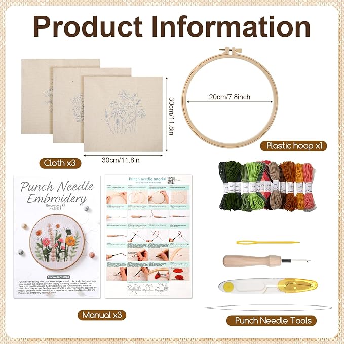 Lyksgir 3 Sets Punch Needle Kits, Flowers Punch Embroidery Kits | DIY Easy - Image 2
