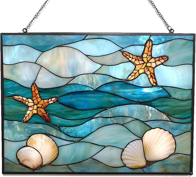 Stained Glass Window Hanging, Abstract Ocean Waves Sun Catchers Diamond Glass by 365CUSGIFTS