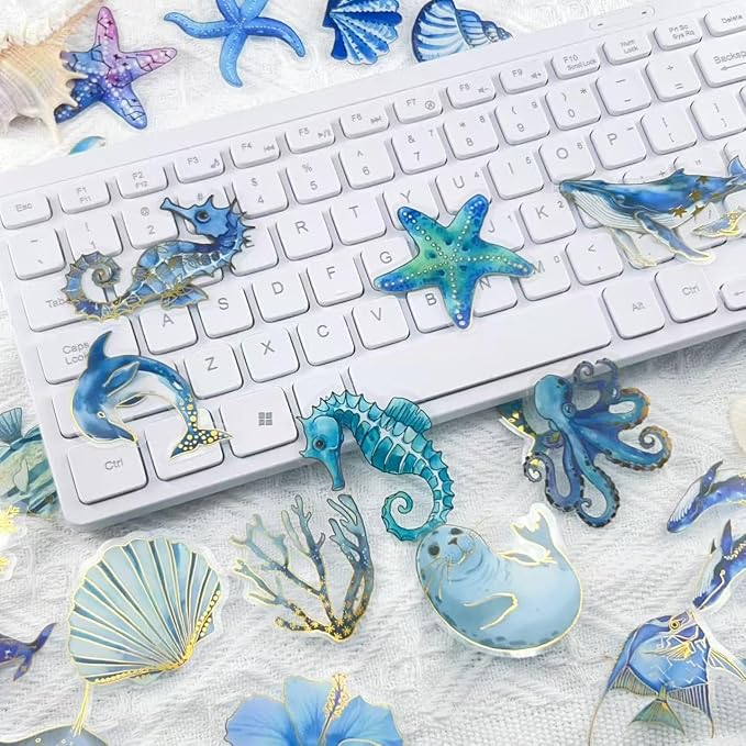 50PCS Marine Animal Stickers Aesthetic Transparent PET Sticker Gold foil - Image 3