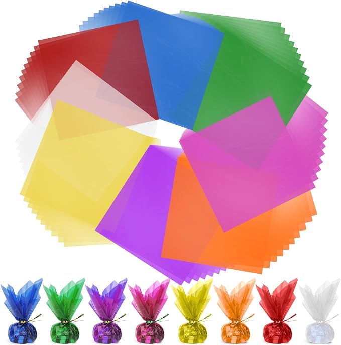 Cellophane Wrap, 8 Multi-Colors, 7.5x7.5 Inch Transparent Plastic Wrap by Diueoly