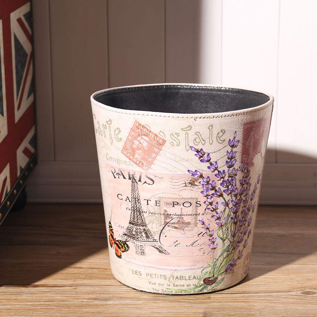 PU Leather Small Trash Can Wastebasket, Round Garbage Container Basket for Bathrooms, Laundry Room, Kitchens, Offices, Kids Rooms, Bedrooms,Dorms,Home Decorative Art Bin, 2.9 Gallon(Lavender Design)