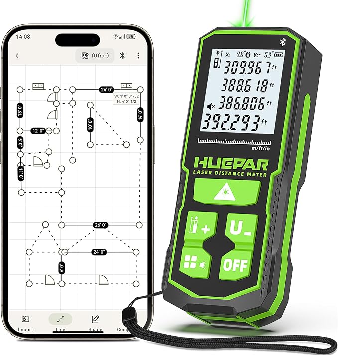 Huepar 395FT Bluetooth Green Laser Measuring Tool S120-G-BT | 1/16in Accuracy by Huepar