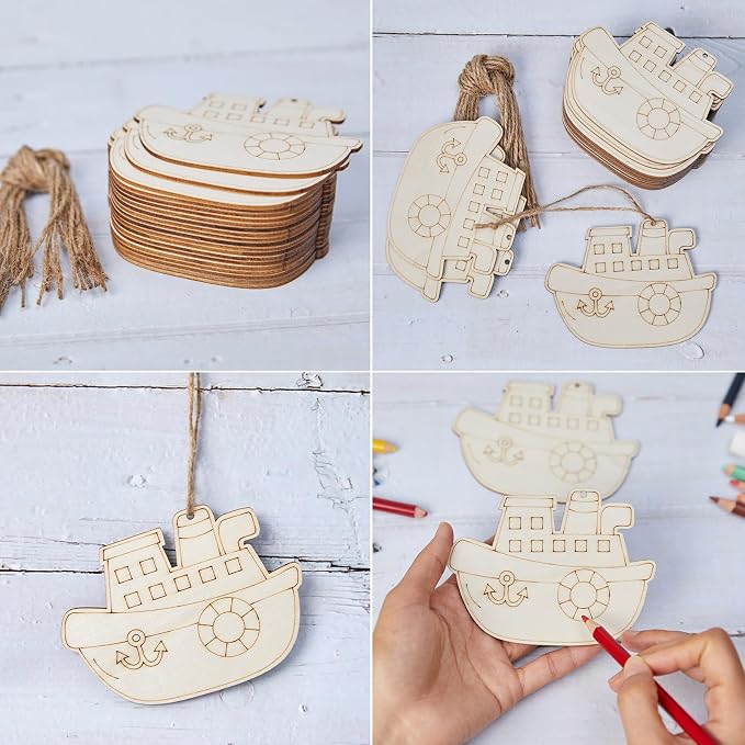4In Steamship Shape Hanging Wood Ship Unfinished Wood - Image 4