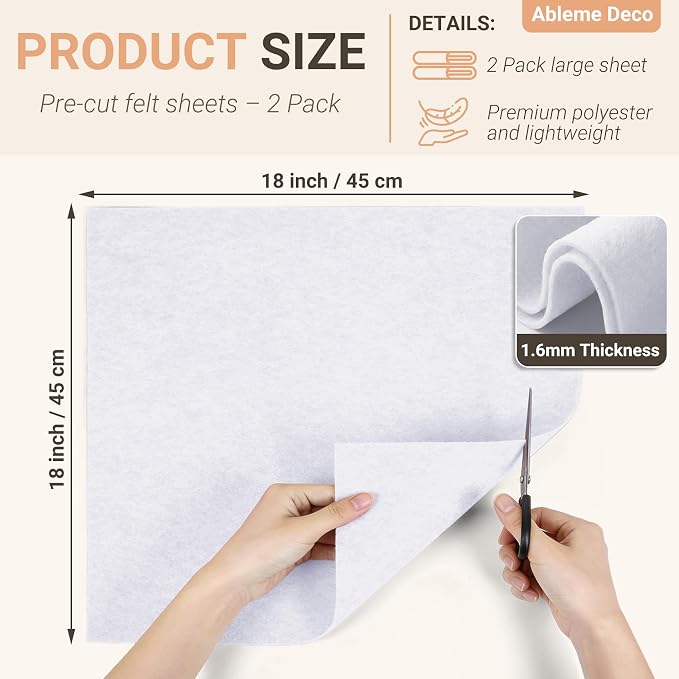 White Felt Fabric Sheets 18" x 18" 1.6mm Soft Craft Felt Squares | Soft Precut - Image 2