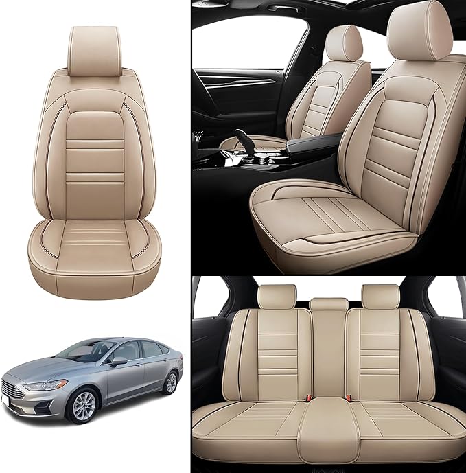 Car Seat Covers for Ford Fusion 2006-2020 | 5-Seats Leather Seat Covers, Easy to Install Automotive Seat Covers Full Set (Full Set, Beige)