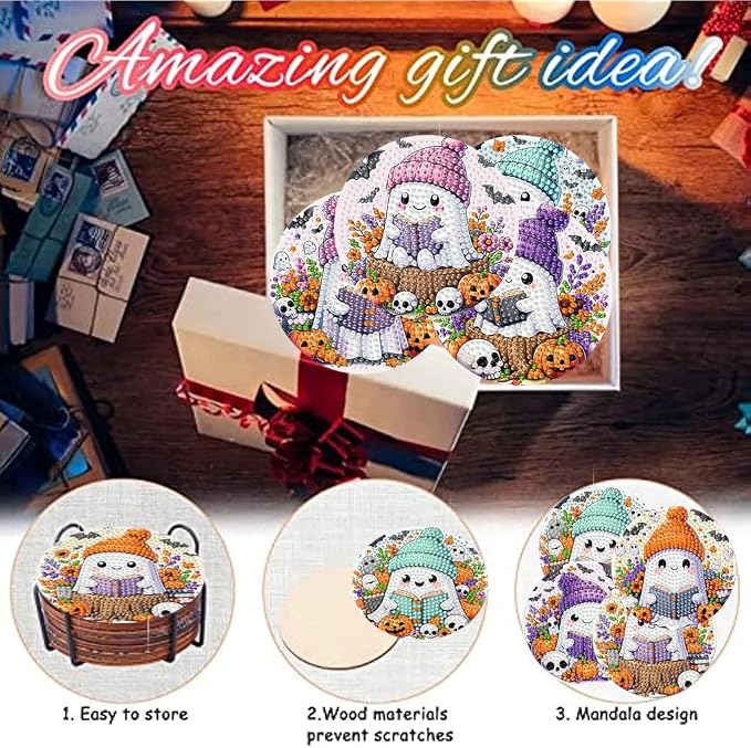 8 Pack Diamond Art Coasters, Halloween Ghost Diamond Painting Coasters Kits | - Image 6