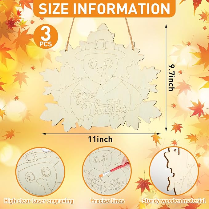 Paintable Thanksgiving Ornaments 3 Sets, Wooden Turkey Ornaments to Paint - Image 2