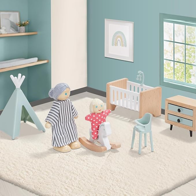 Giant bean 36pcs Wooden Dollhouse Furniture Set 5 Rooms 4 Family Dolls - Image 6