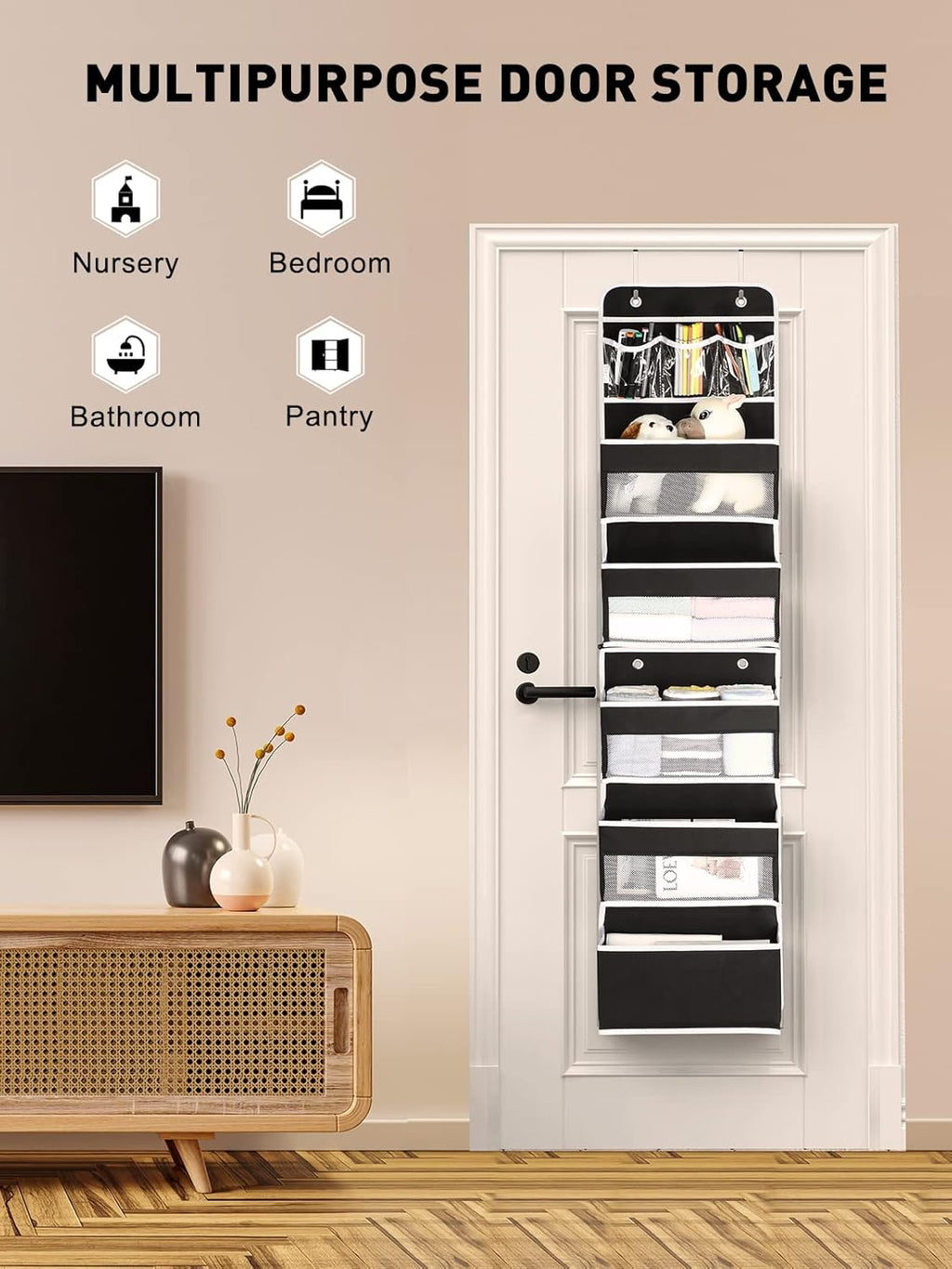 Yecaye 6-Tier Over The Door Storage Organizer, Flexible 1 Split into 2 Swing-Proof Hanging Bathroom Organizer, Bedroom Organizers and Storage for Newborn Baby Essentials, Black