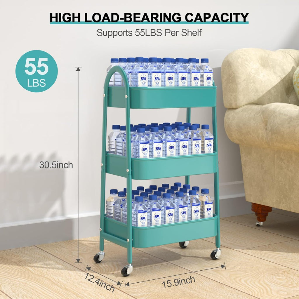 EAGMAK 3 Tier Utility Rolling Cart, Metal Storage Cart with Handle and Lockable Wheels, Multifunctional Storage Organizer Trolley with Mesh Baskets for Kitchen, Living Room, Office, Garage (Turquoise)
