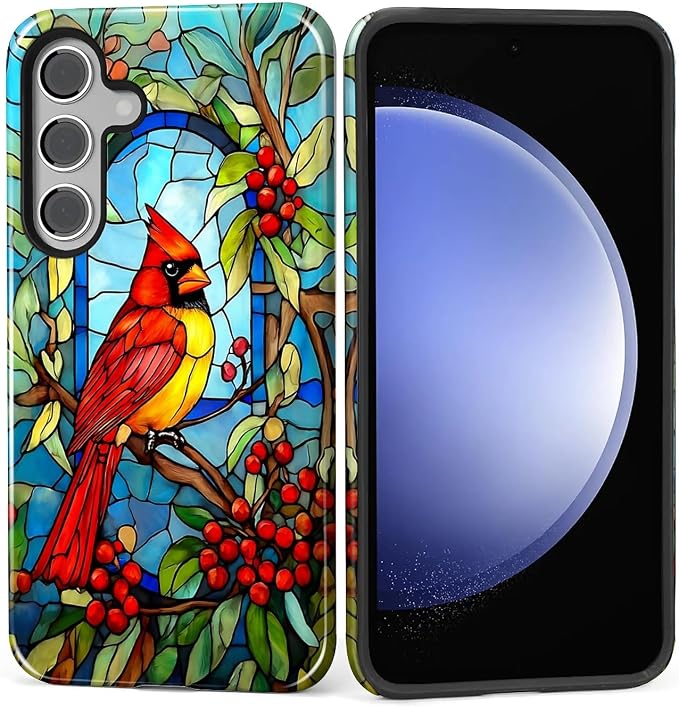 for Samsung Galaxy S24 Case, Stained Glass Cardinal Bird Pattern Glossy 2 in 1 by Teonvpu