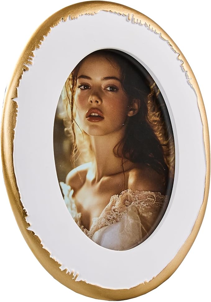 4x6 Oval Picture Frame, Ornate Photo Frame White & Gold, Hand-Crafted Resin by ZIHARA