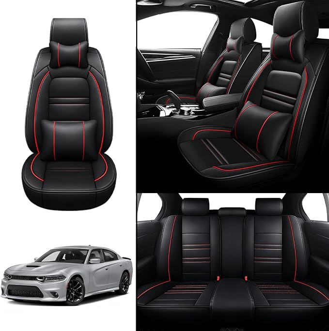Car Seat Covers for Dodge Charger 2006-2023 | 5-Seats Seat Covers, Waterproof Seat Protectors, Automotive Seat Covers (Full Set with Pillow,Black&Red Line)