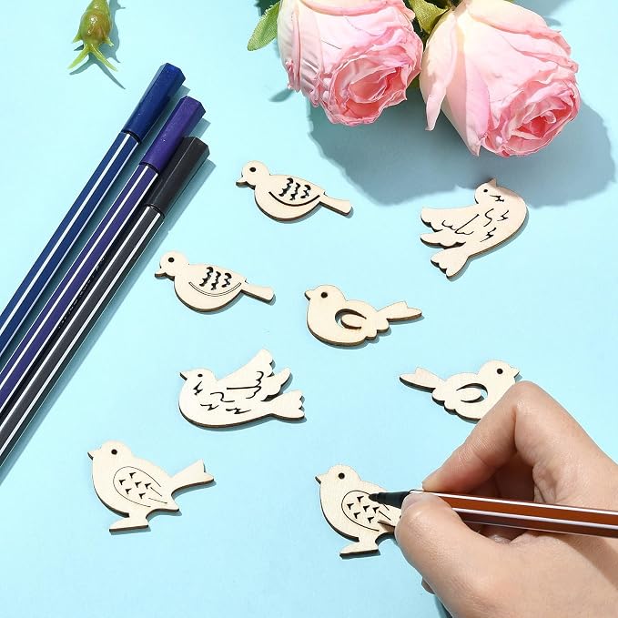 200 pcs Mixed Styles Bird Theme Undyed Wood Cutout Charms Spring Animal Wood - Image 5