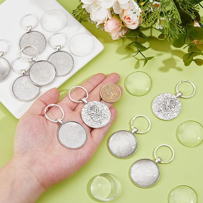 DICOSMETIC 10 Sets Cabochon Keychain Blanks Keychain Pendant Tray 35mm Platinum - Image 3