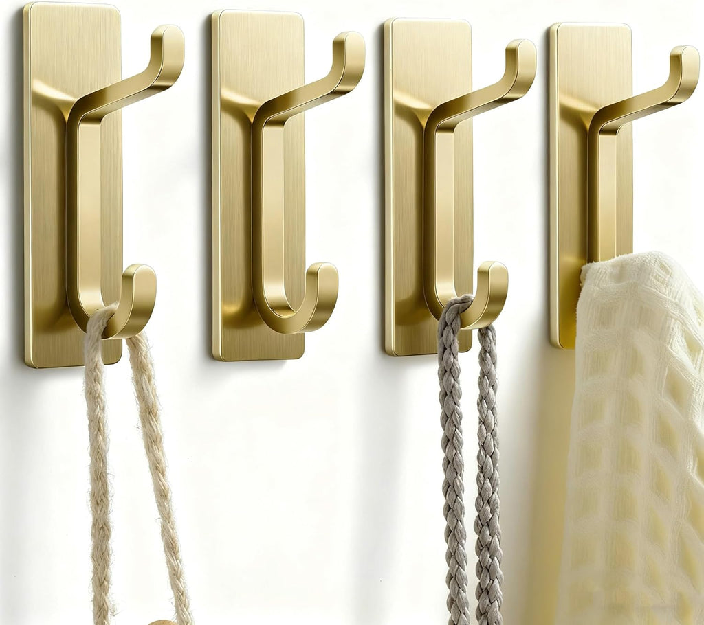 pickpiff Self Adhesive Hooks, Extra Sticky 10LB (Max), Heavy Duty Stainless, Stick On Wall and Door Hooks for Hanging, Bathroom Towel Hooks and Coat Hooks, Robe Hook Wall Mounted, Gold, 4 Pack
