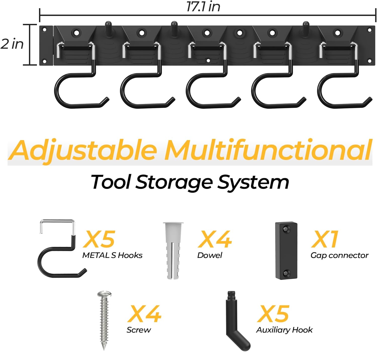 34 Inch Garden Tool Organizer Wall Mount with Non Slip Rubber Coated Metal Hooks, Storage Rack for Indoor/Outdoor Shovel, Rake, Mop and Broom Holder Wall Mount （ 10 Hooks+10 Holders