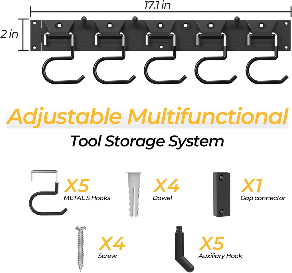 51 Inch Garden Tool Organizer Wall Mount with Non Slip Rubber Coated Metal Hooks, Storage Rack for Indoor/Outdoor Shovel, Rake, Mop and Broom Holder Wall Mount （ 15 Hooks+15 Holders