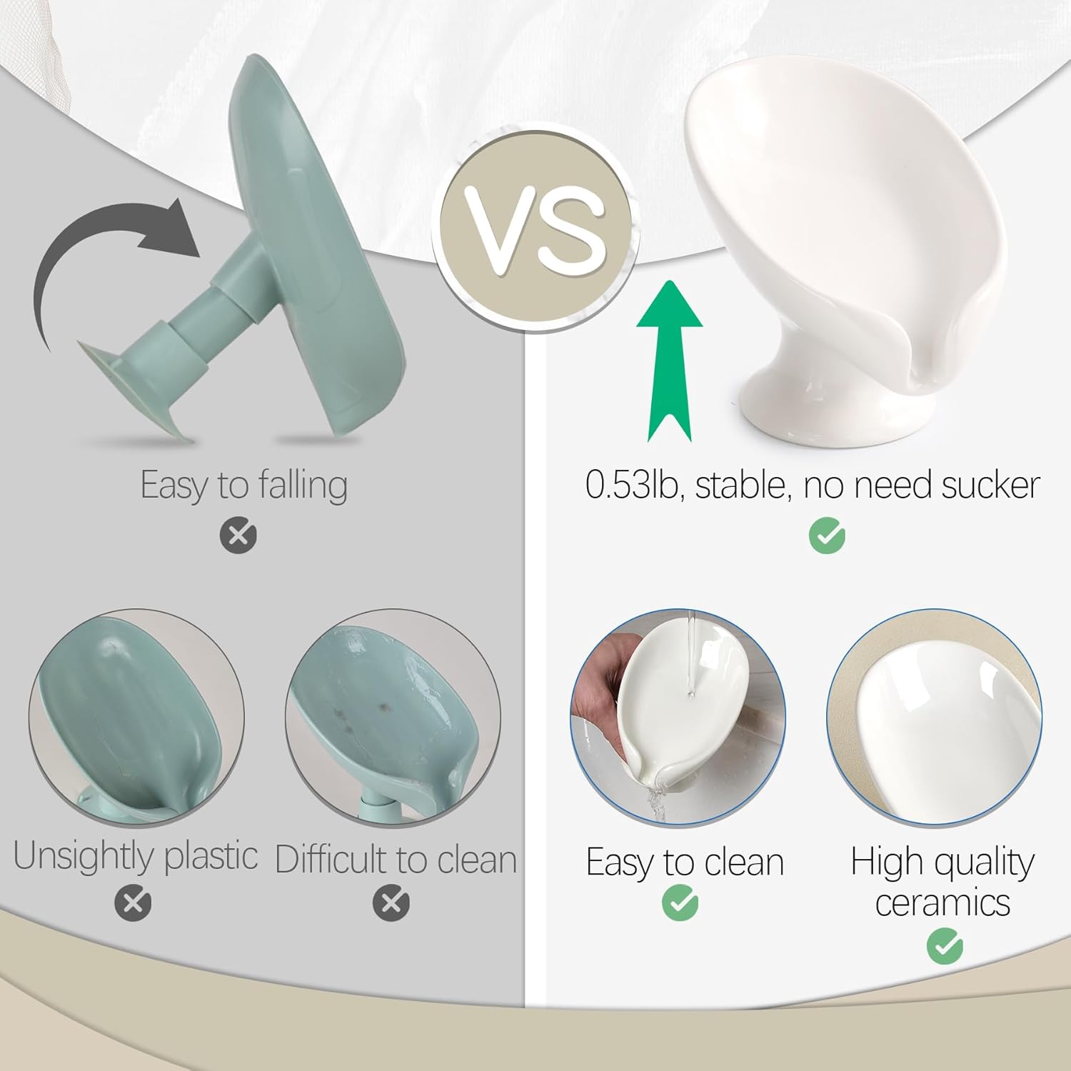 Soap Dish Set, Self Draining Bar Soap Holder for Bathroom Sink, Leaf Shaped Drainage Soap Dish Ceramic White Porcelain Decorative Soap Dishes 2PCS, ANTIS'S HOME