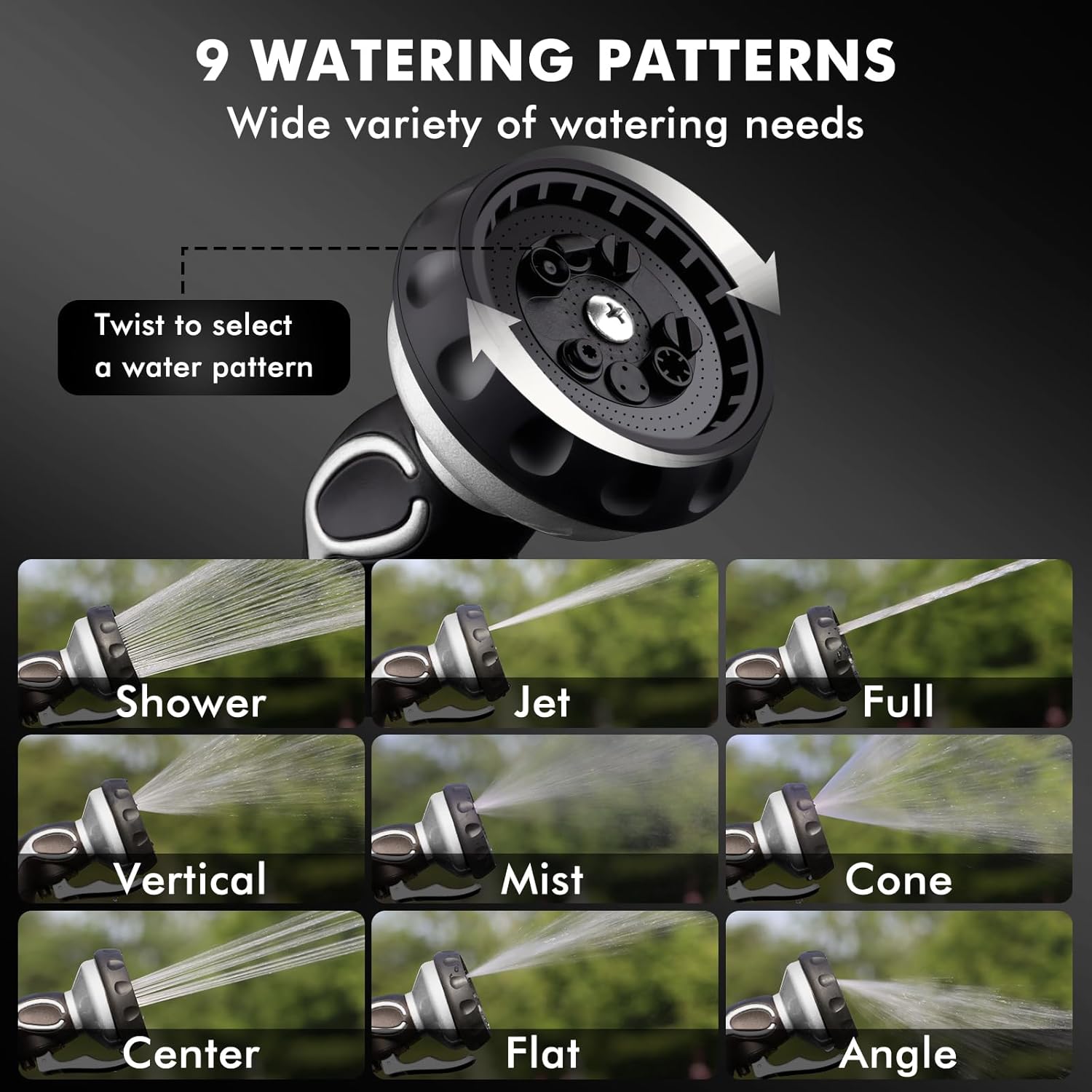 RESTMO Hose Nozzle with Easy Self-Lock Trigger, Heavy Duty Metal Water Hose Sprayer with 9 Spray Patterns and On/Off Valve, Ideal for Outdoor Lawn & Garden Watering, Car & Pet Washing, Silver