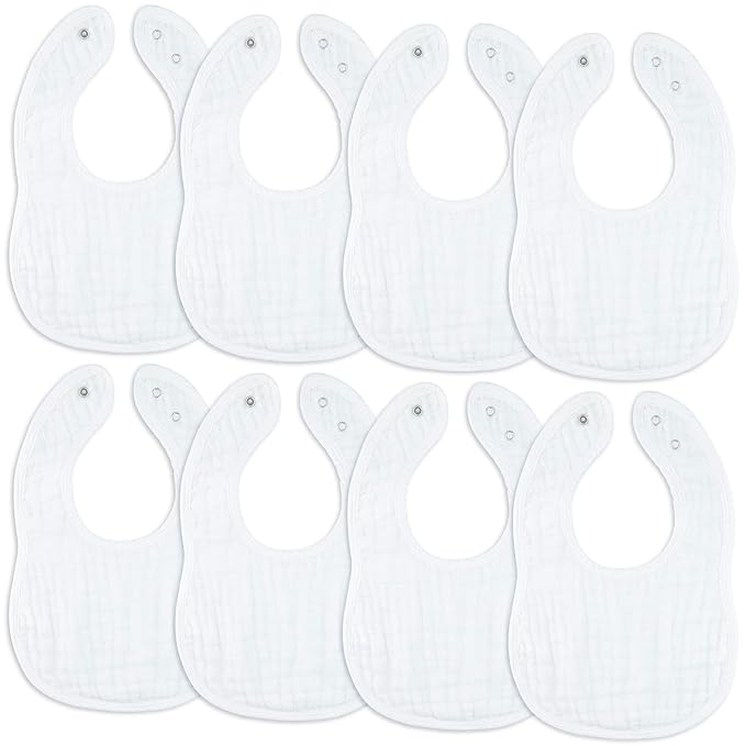 Comfy Cubs Muslin Bibs for Babies, Pack of 8 - Soft and Highly Absorbent, Feeding, Drool and Teething Bib, Adjustable Snaps - Stylish & Colorful Unisex Designs, Giftable Set - White