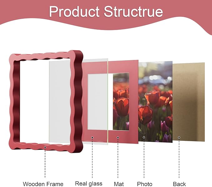 8x8 Picture Frame with Mat for 6x6, Wavy Edge Wooden Real Glass Photo Frame for - Image 5
