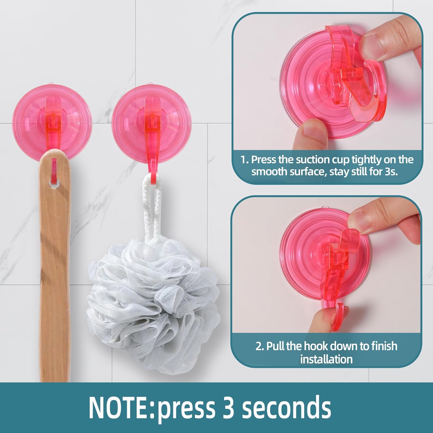 Antimbee 3 Pack Suction Cup Hooks, Clear Suction Cup Hanger, Removable Small Suction Cups for Shower, Bathroom, Glass, Door, Windows, Kitchen-Up to 11 lbs on Smooth Surface (Transparent Pink)