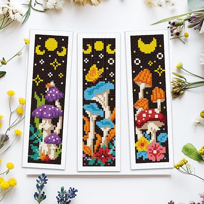 ACRNIGHEET 6PCS Cross Stitch Bookmark Kits Mushroom Pattern Stamped Cross - Image 5