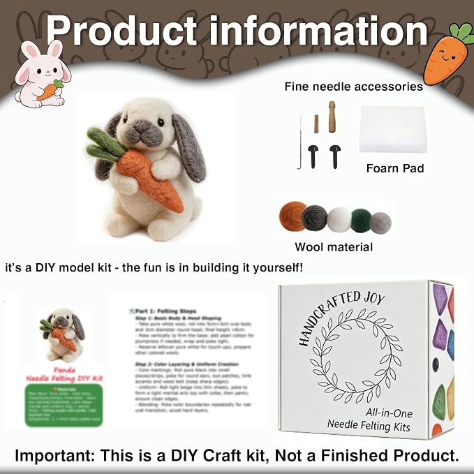 DIY Needle Felting Kit Cute Gray Lop-Eared Bunny Holding Carrot – Needle - Image 3