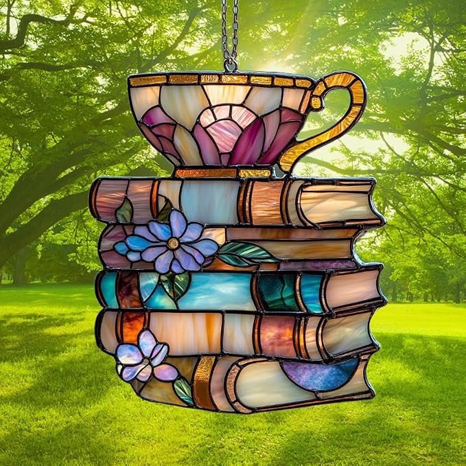 Floral Books and Tea Acrylic Suncatcher Stained Glass Effect Window Car Hanging - Image 3