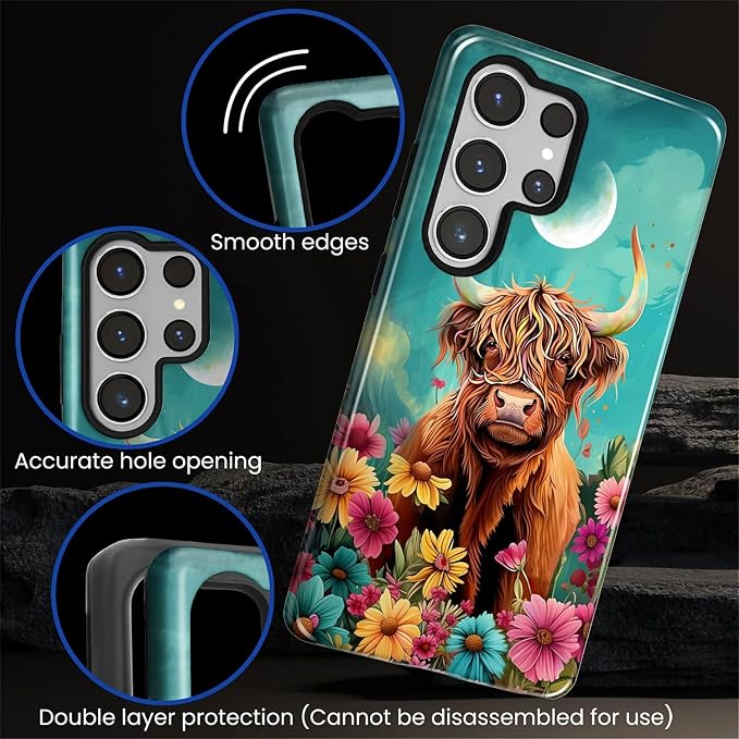 for Samsung Galaxy S25 Ultra Case, Highland Cow Flower Pattern Glossy 2 in 1 - Image 5