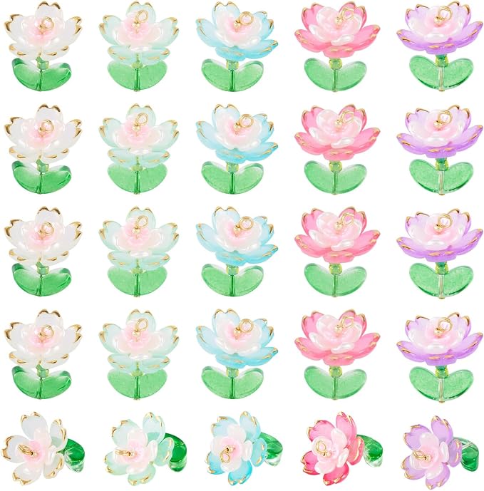 FASHEWELRY 30Pcs Transparent Acrylic Glass Flower Charms 20mm Colorful Floral by FASHEWELRY