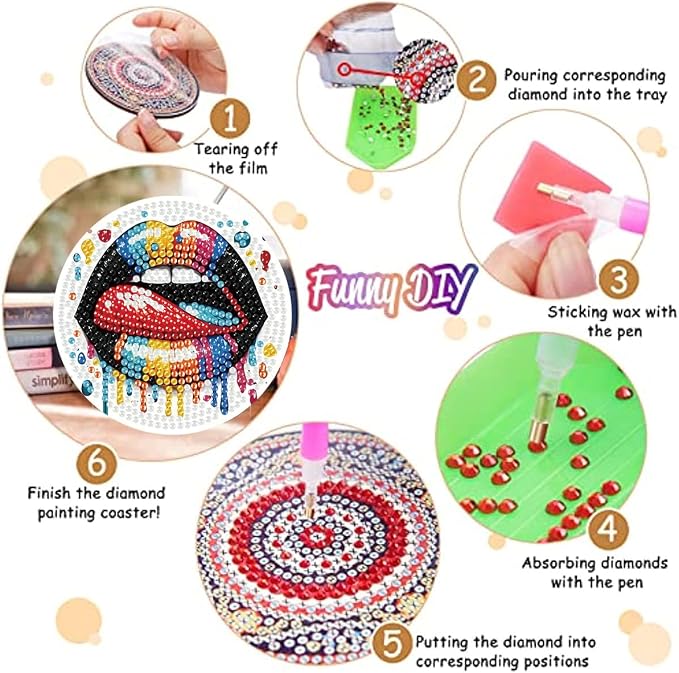 8 Pack Diamond Art Coasters, Sexy lips Diamond Painting Coasters Kits | Lips - Image 3