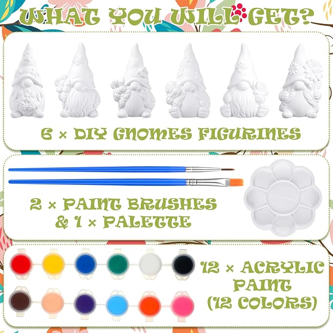 Poen 6 Sets Ready to Paint Your Own Ceramic Gnome Statues Summer DIY Unpainted - Image 3