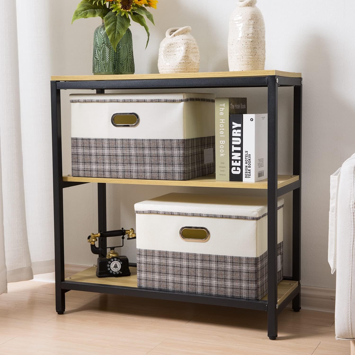 PRANDOM Large Collapsible Storage Bins with Lids [3-Pack] Fabric Foldable Storage Boxes Organizer Containers Baskets Cube with Cover for Home Bedroom Closet Office Gray plaid & Cream(17.7x11.8x11.8)