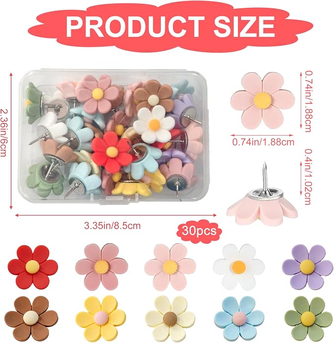 30PCS Cute Push Pins, Bulletin Board Pins, Bulletin Board Decorations, Flower - Image 2