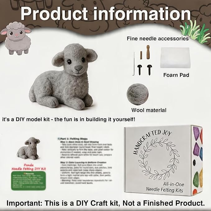 DIY Needle Felting Kit Cute Gray Lamb Lying – Needle Felting Starter Kit - Image 3
