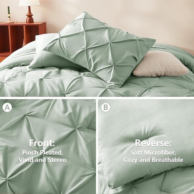 CozyLux Twin XL Comforter Set Sage Green, 5 Pieces Twin Extra Long Pintuck Bed - Image 3