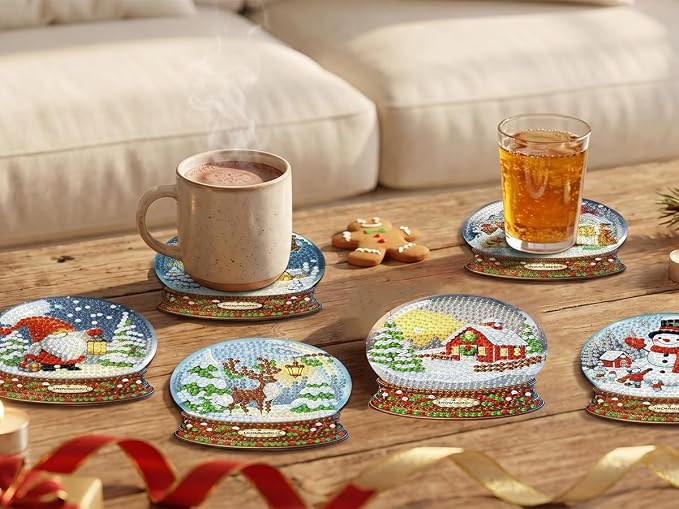 8 PCS Christmas Diamond Art Coasters Kits Snowball Diamond Painting Coaster | - Image 7