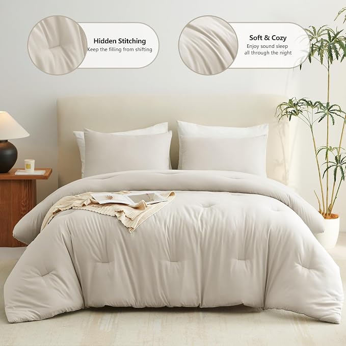 CozyLux California King Comforter Set Beige, 3 Pieces Cal King Solid Breathable - Image 2