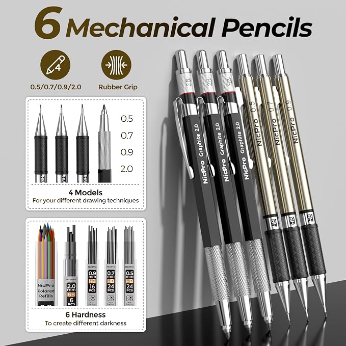 Nicpro 58 PCS Art Drawing Supplies Kit in Leather Case, Art Mechanical Pencil - Image 2