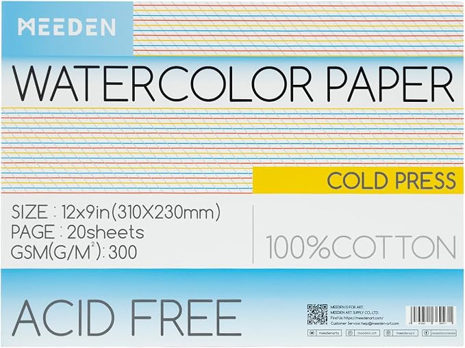 MEEDEN Watercolor Paper Block, 100% Cotton Watercolor Paper Pad of 20 Sheets by MEEDEN