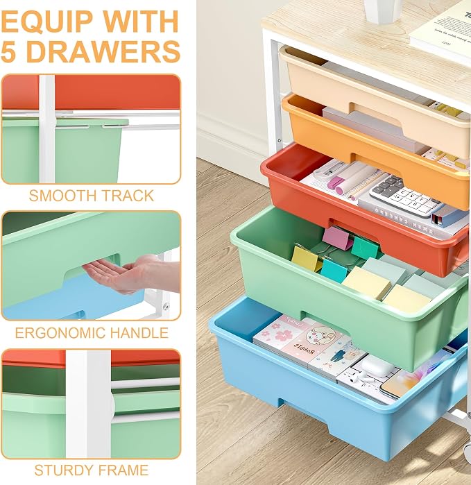SYKIARIOL Utility Cart with 5 Drawers, Storage Cart with Wooden Tabletop and - Image 4