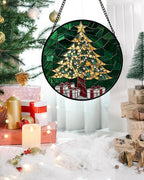Stained Glass Window Hanging -Gold Green Christmas Tree Suncatcher - Image 3