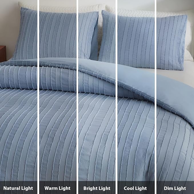 WARMDERN Blue Boho Duvet Cover King Size, Striped Textured Duvet Cover Set - Image 8