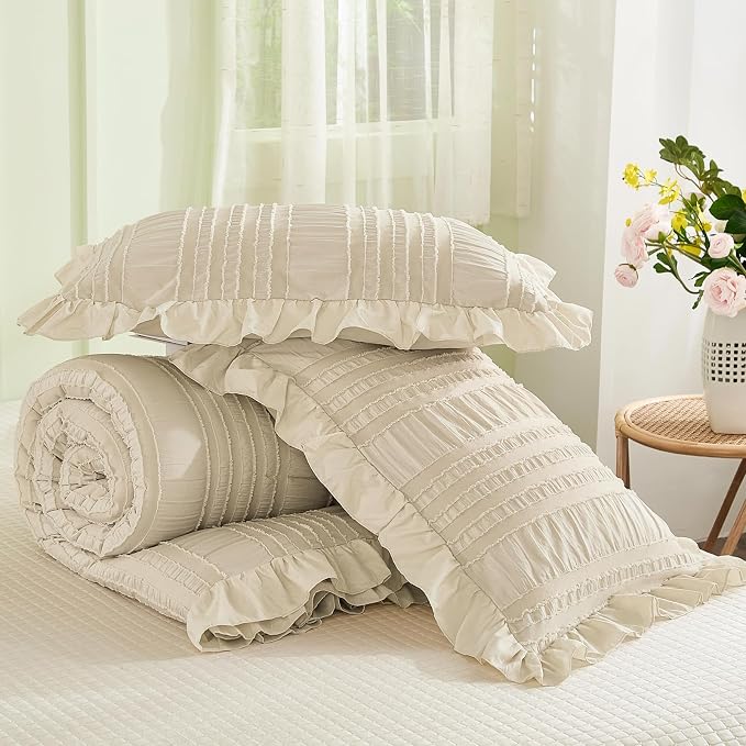 WONGS BEDDING Beige Textured Comforter Set King, 3 Pieces Ruffle Farmhouse - Image 7