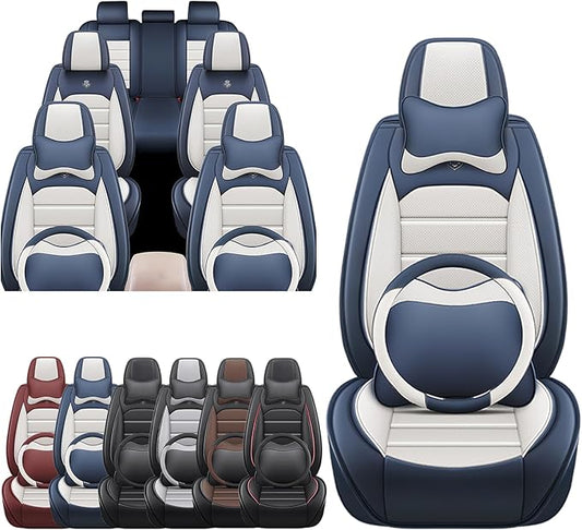 JOJ Fit for Toyota Highlander 2001-2022 Seat Covers,7 Seat Car Seat Cover,No-Slip Waterproof Breathable Faux Leather,Full Set with Pillow Steering Wheel Covers,Cream Blue