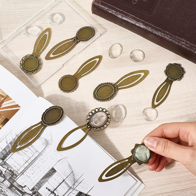 SUNNYCLUE 1 Box 8 Sets Bronze Bookmarks Cabochon Tray Bookmark Alloy Metal - Image 3