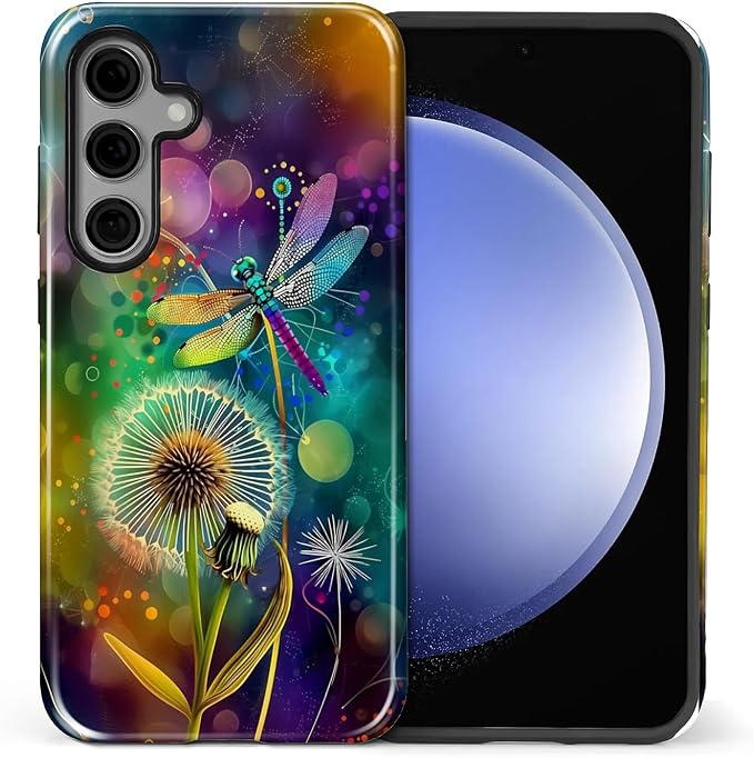 for Samsung Galaxy S25 Case, Dragonfly Dandelion Colorful Pattern Glossy 2 in 1 by Teonvpu