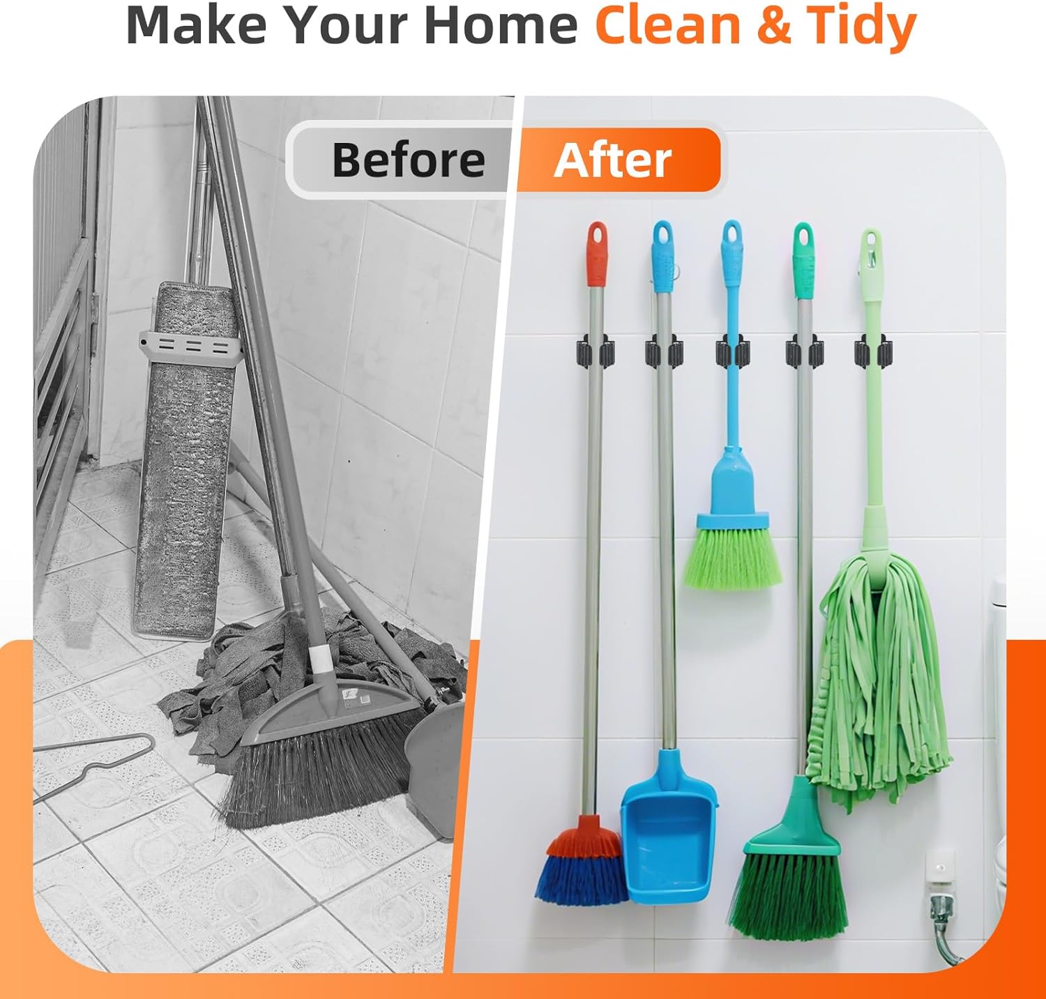 5 PCS Broom Holder Wall Mount, Upgraded Heavy Duty Mop and Broom Holder Wall Mount, Stainless Steel Broom Hanger Mop Holder Rack for Kitchen Laundry Garden Tool Organizer